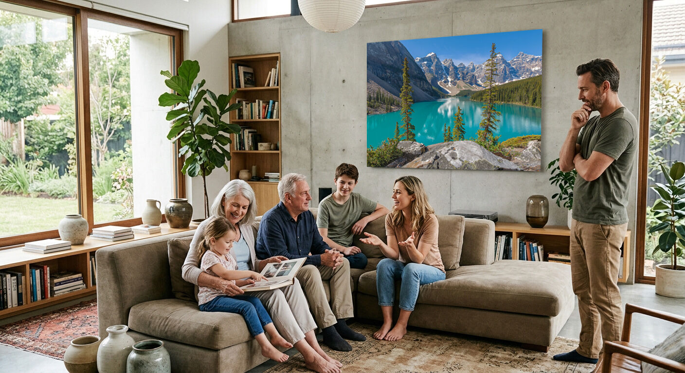 Multigenerational family gathering in a high-end living room with a large Lumachrome® acrylic photograph of Moraine Lake displayed on the wall.