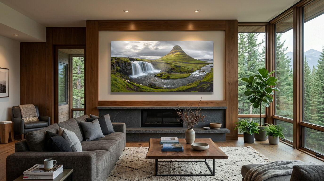 Lumachrome® acrylic fine art photograph displayed as a large panoramic statement piece in a contemporary mountain home interior with accent lighting.