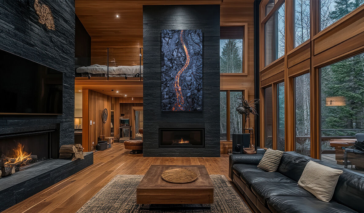 Vertical Lumachrome acrylic landscape print displayed on a tall fireplace in a double-height mountain home.