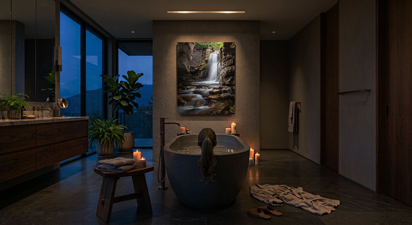 Lumachrome® acrylic waterfall photograph displayed above a bathtub in an elegant luxury bathroom.