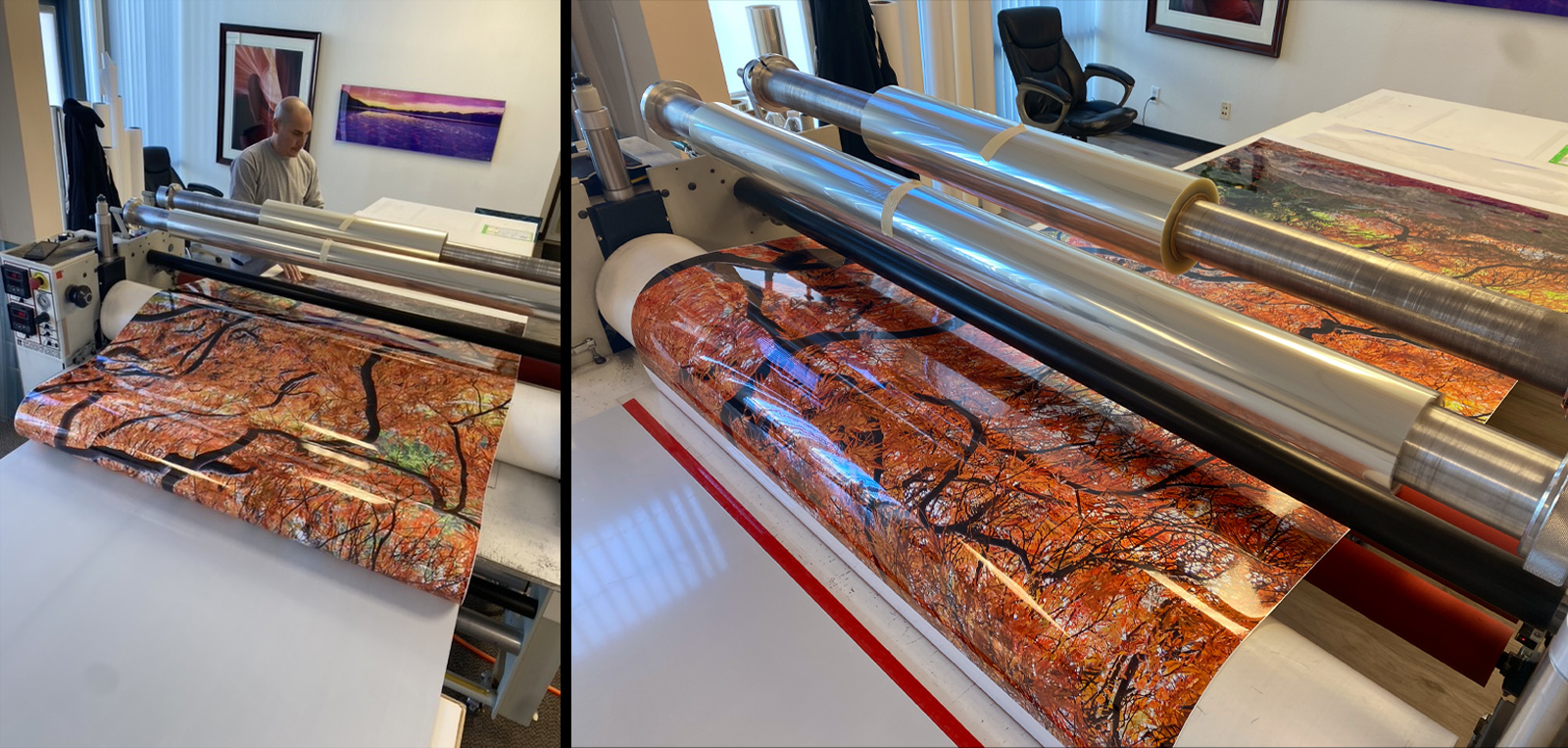 Large Lumachrome fine art photograph being professionally produced and inspected during the printing process.