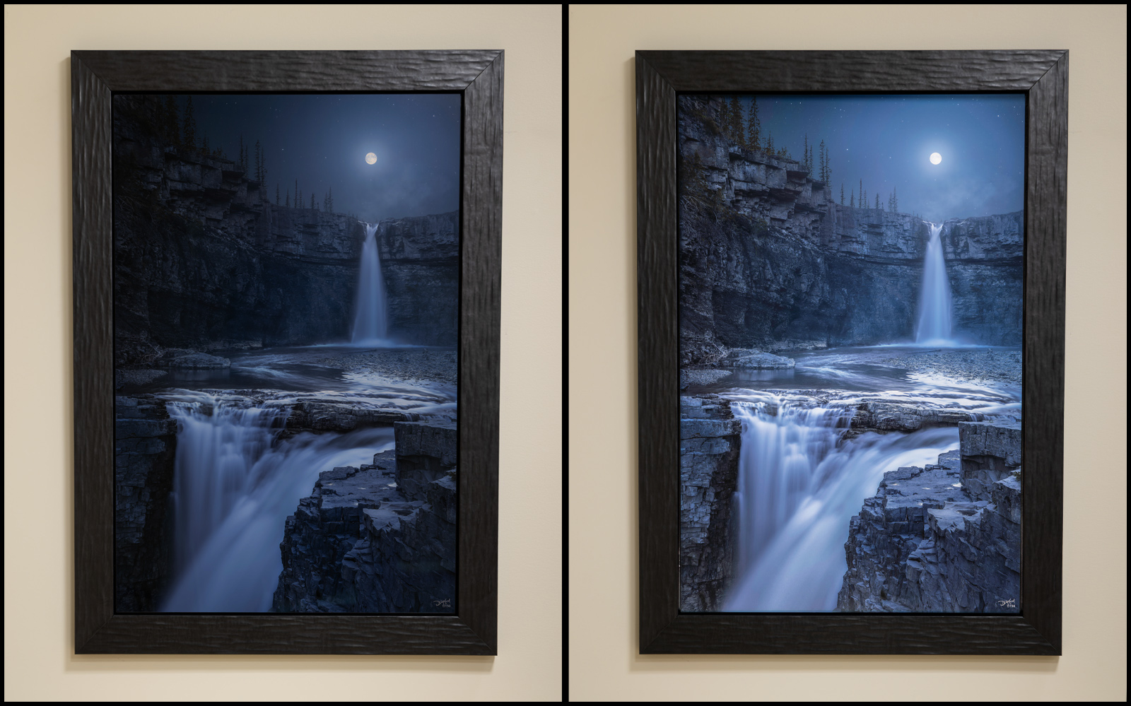 Moonlit waterfall fine-art print shown unlit and illuminated with LuxPrism.