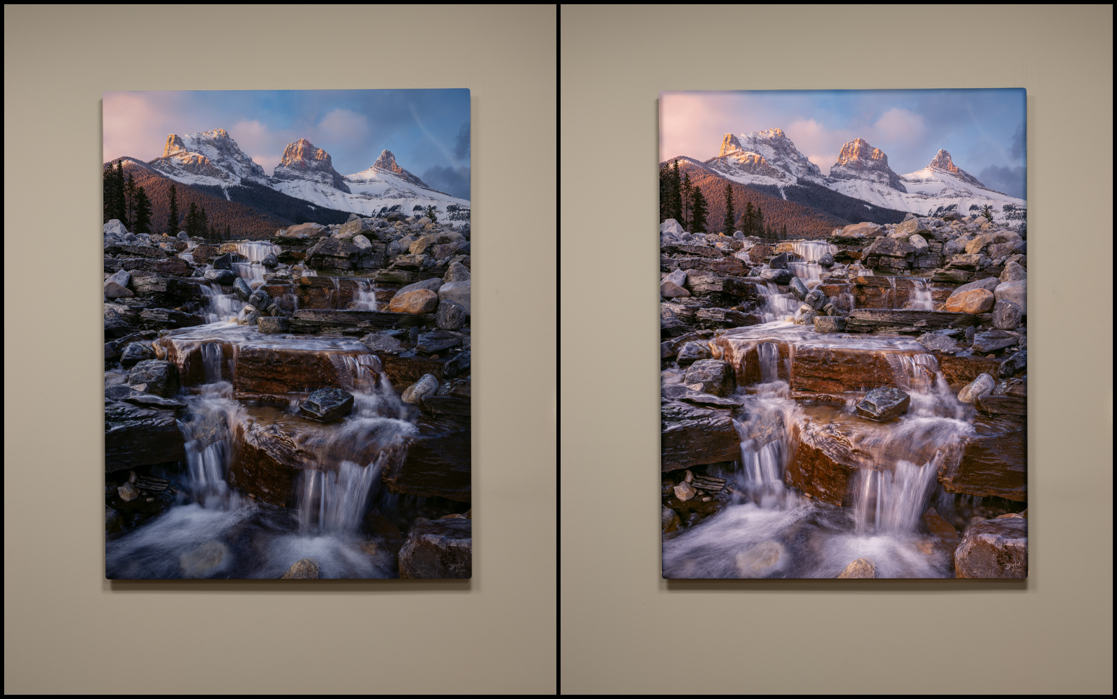 Mountain waterfall fine-art print shown unlit and illuminated with LuxPrism.