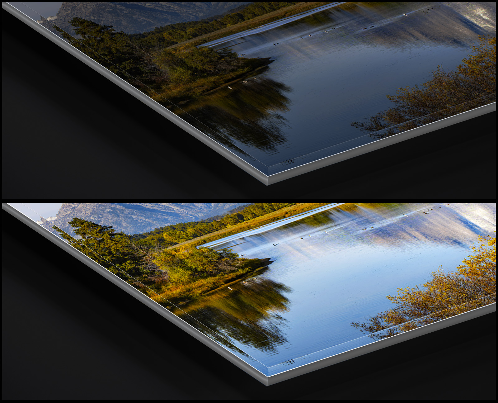Close-up detail of fine-art print shown unlit and illuminated with LUXPRISM.