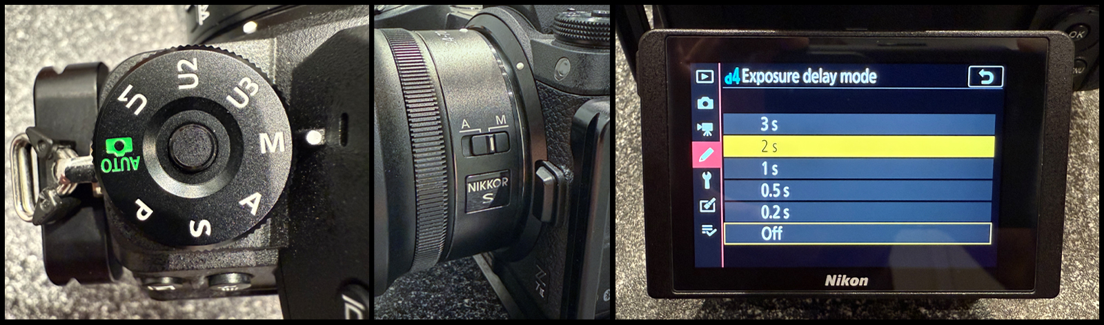 Infographic showing manual mode, manual focus, and exposure delay modes on a camera used during aurora photography.