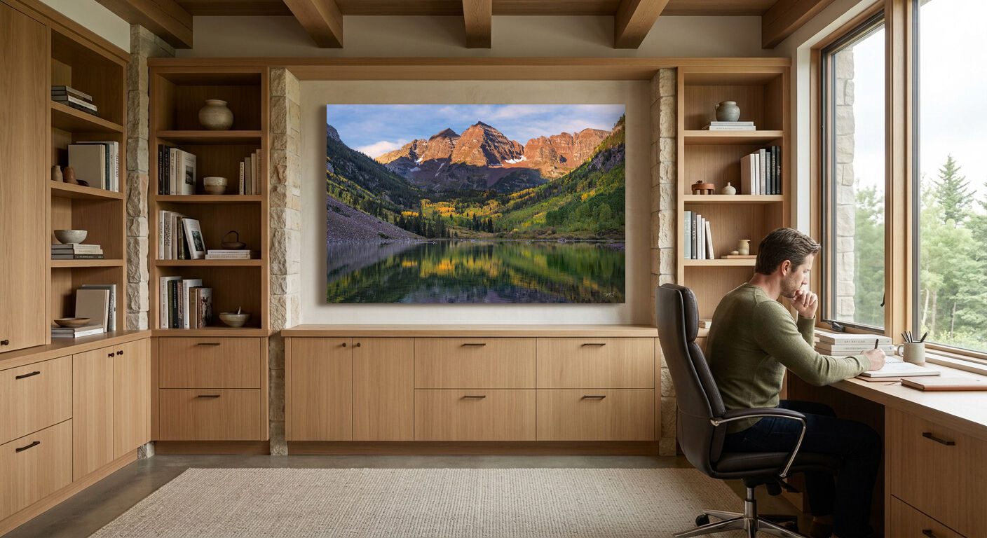 Home office featuring a large Maroon Bells landscape photograph displayed above built-in cabinetry to create an inspiring workspace.