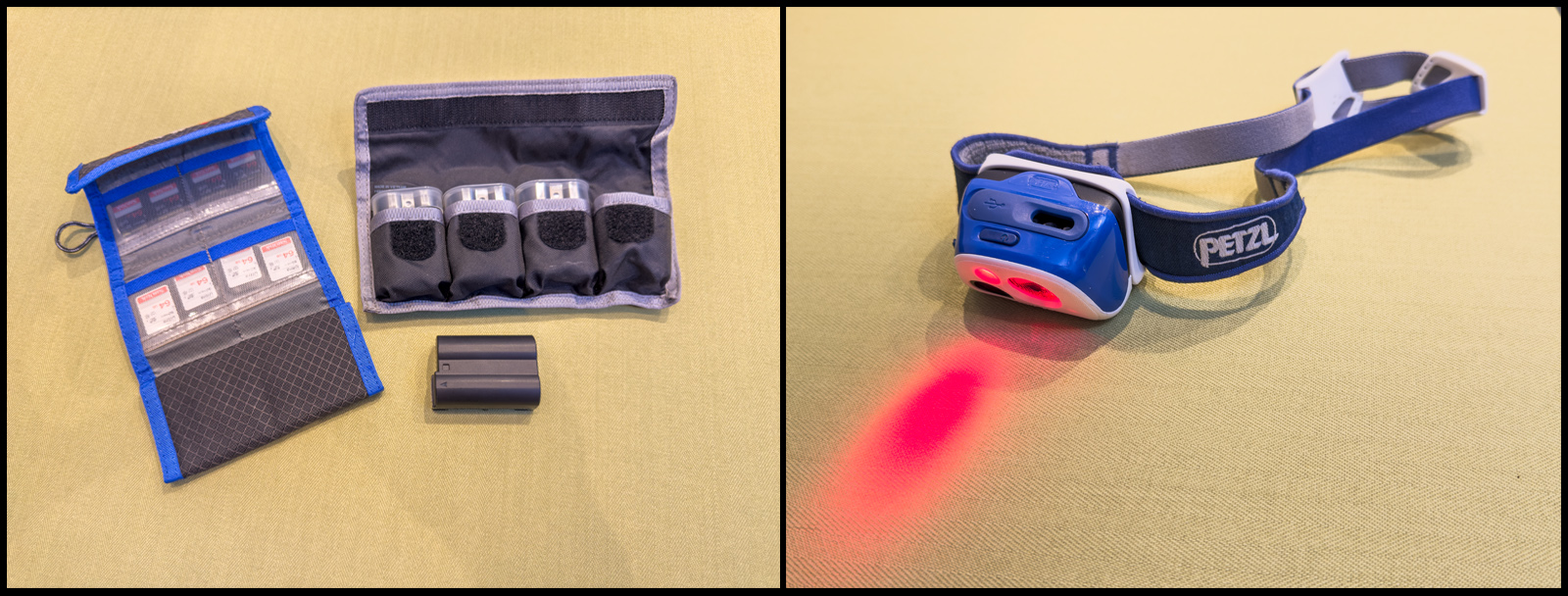 Camera memory cards, camera batteries, and a headlamp with a red light useful for extended northern lights photo sessions.