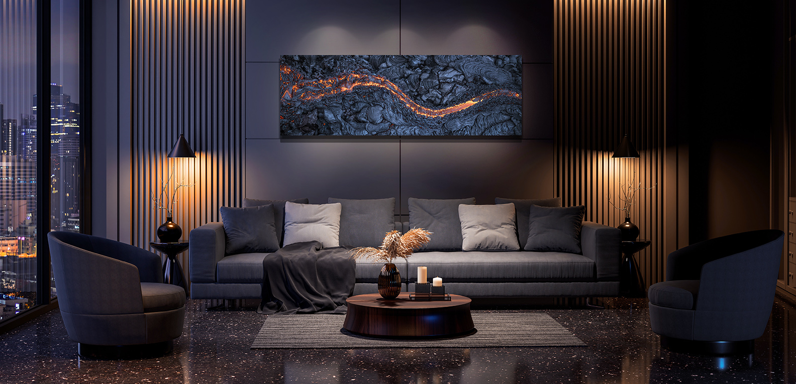 Aerial lava flow fine art print displayed in a luxury penthouse with modern architecture and dramatic lighting.