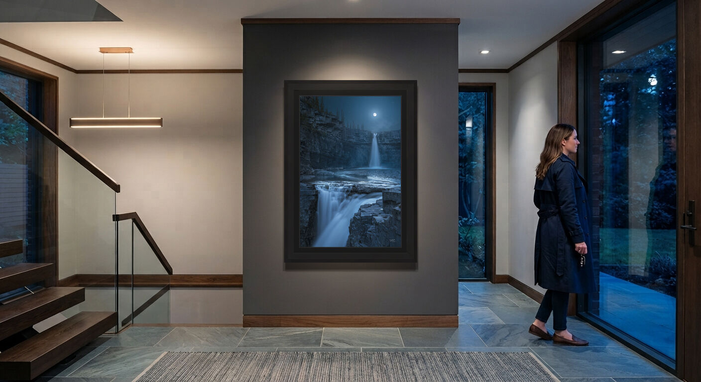 Framed moonlit waterfall fine art photography displayed in an elegant home foyer, illustrating how meaningful landscape artwork creates a welcoming atmosphere and becomes part of a home's story.