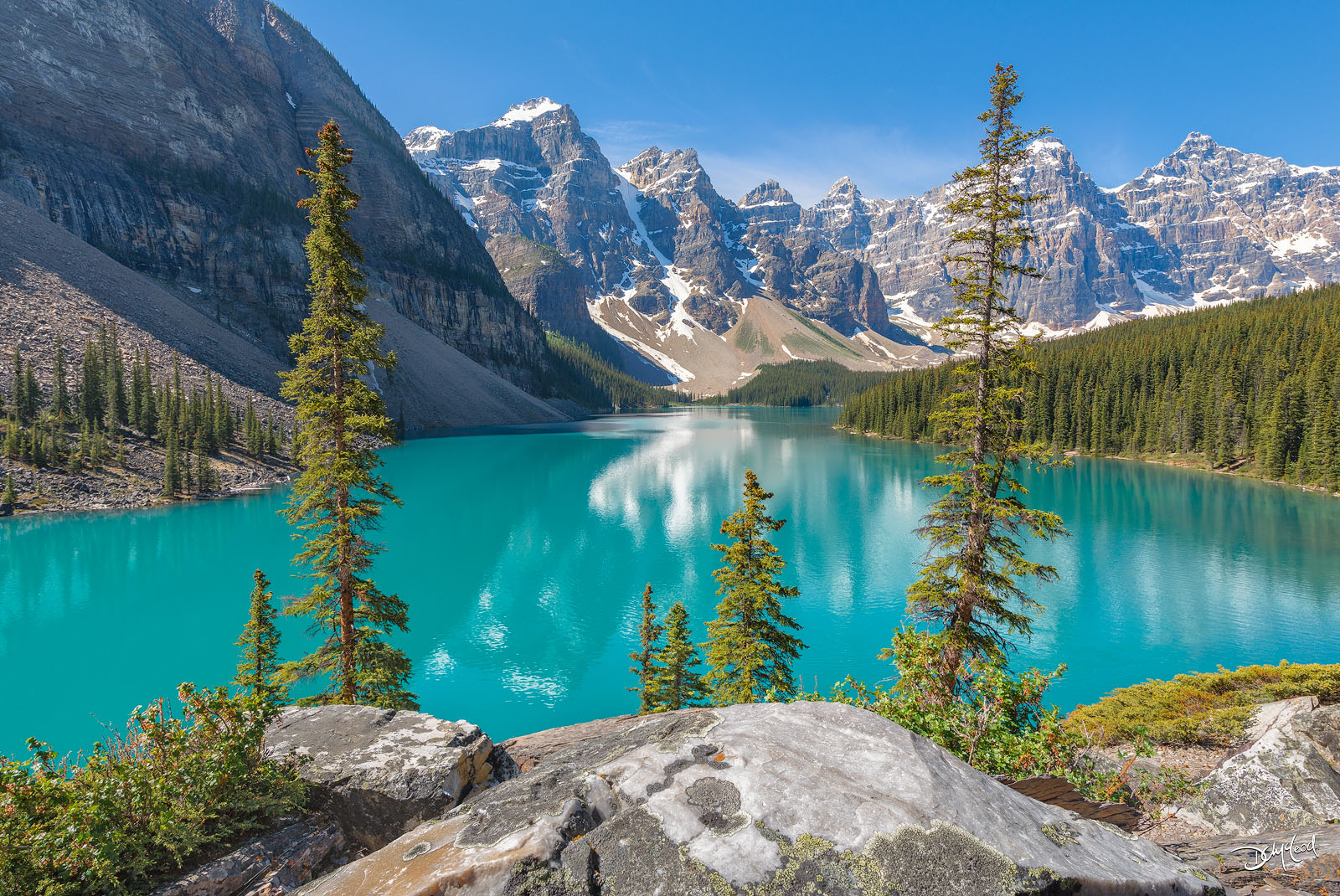 Moraine Lake in Banff National Park with turquoise water and mountain peaks, fine art landscape photography print.