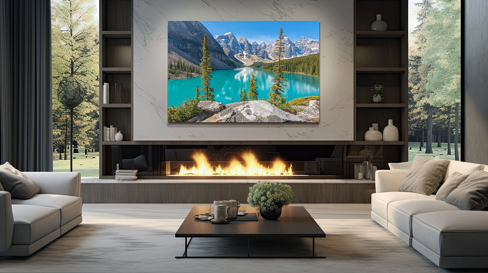 Acrylic fine art print of Moraine Lake and mountains in contemporary living room over fireplace.