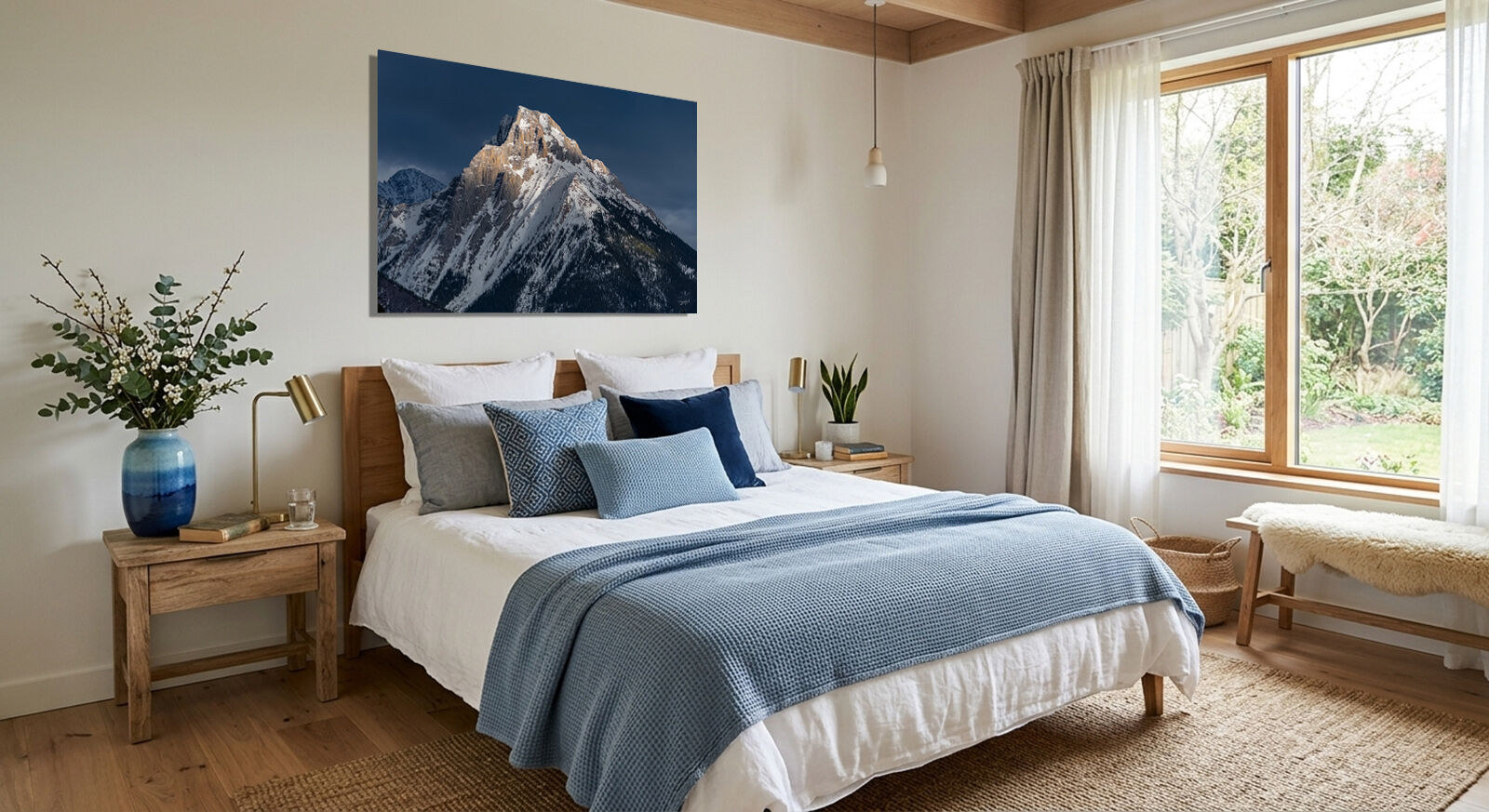 Gap Mountain Kananaskis fine art print over bed in Scandinavian style bedroom.