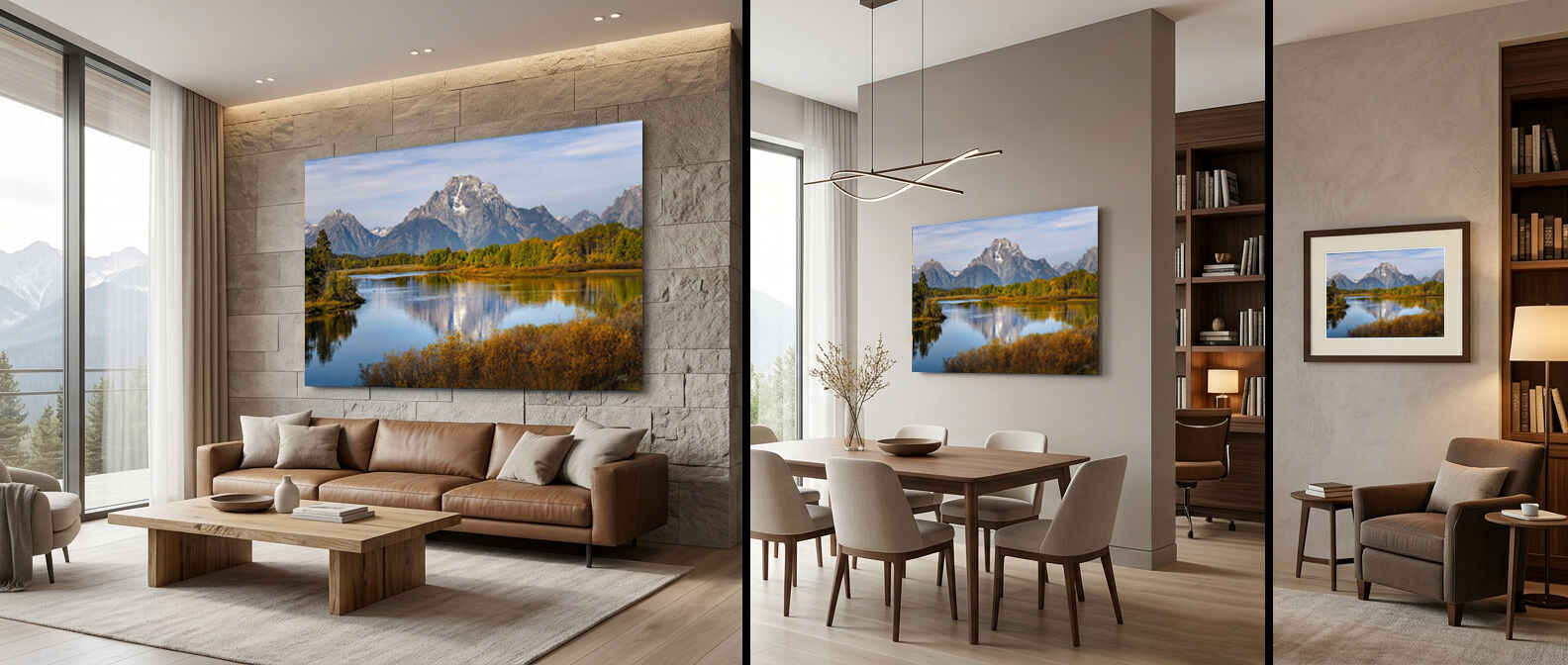 Oxbow Bend landscape photograph displayed as acrylic, metal, and framed fine art paper prints in different home interiors.