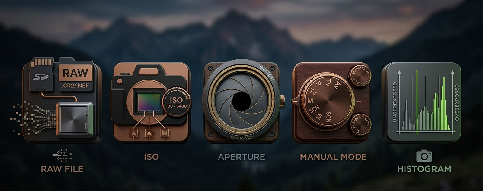 Infographic of photography symbols raw file, ISO, aperture, manual mode, and histogram.