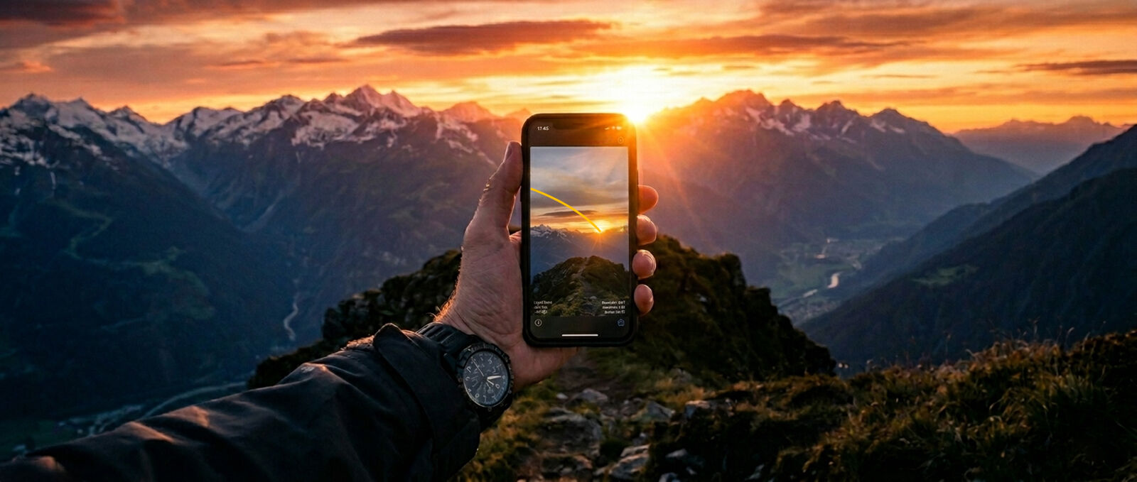 Using augmented reality in PhotoPills app to pinpoint the sun's position on horizon at sunset.