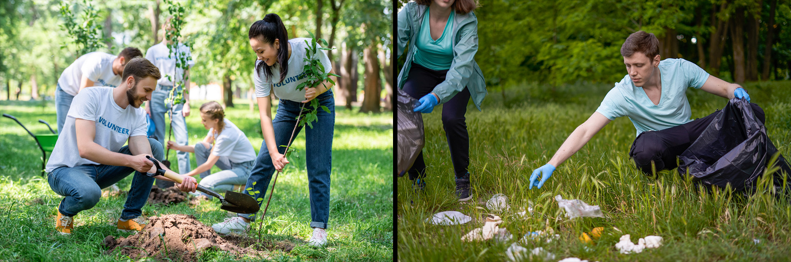 Volunteers planting trees and cleaning up parks for Earth Day community action and environmental stewardship.