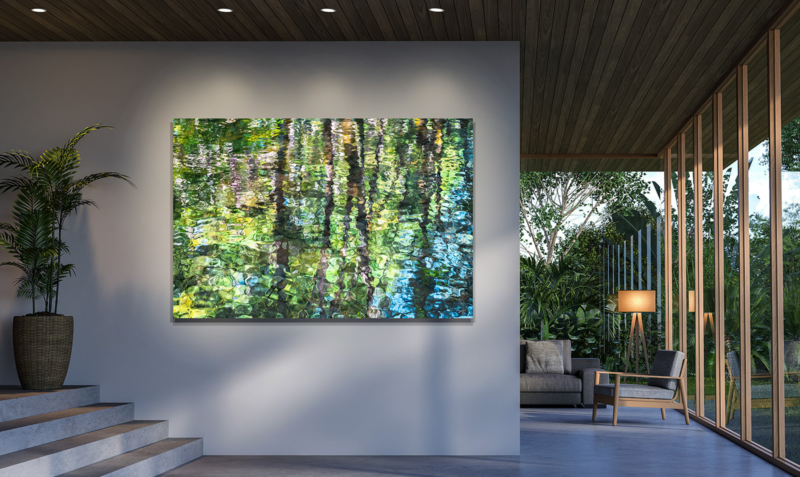 Abstract water reflection fine art print displayed in a modern minimalist hallway with clean white walls and gallery lighting.