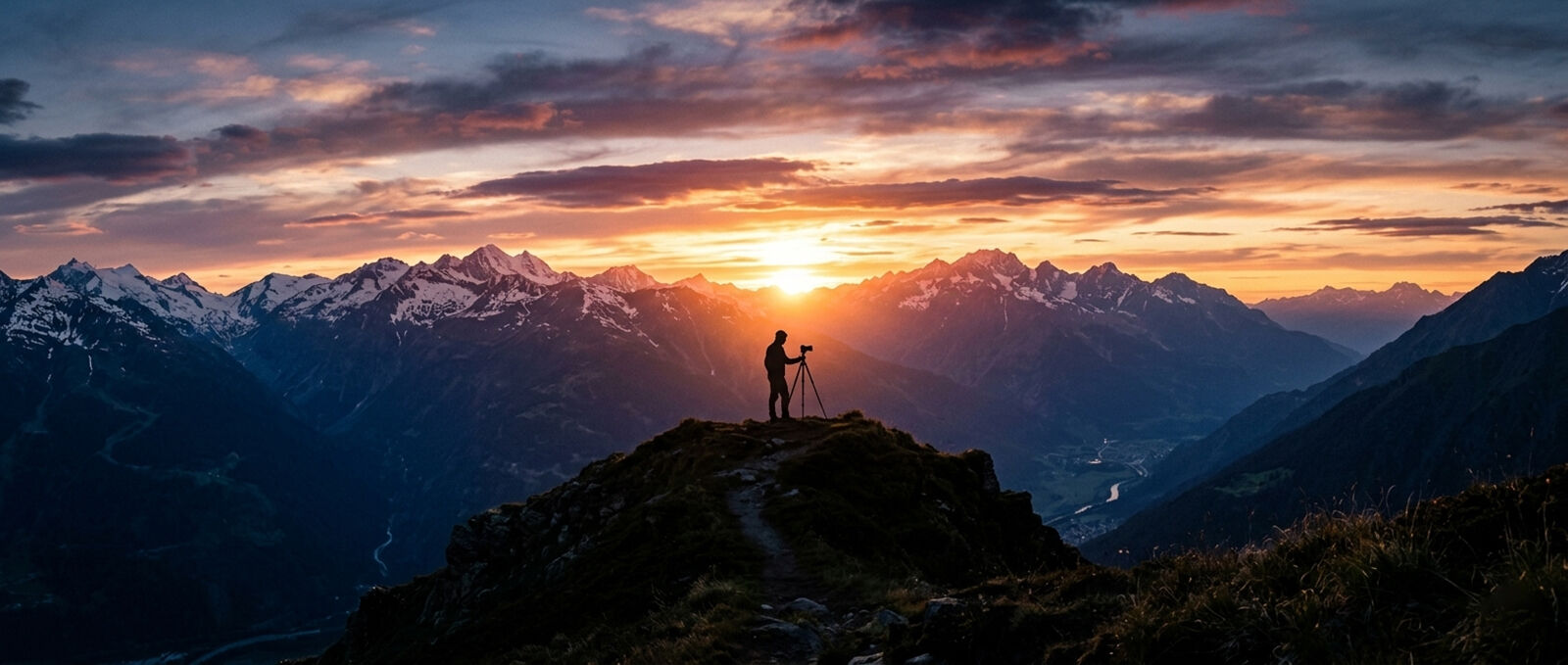Silhouette of a landscape photographer at sunset overlooking a grand mountain vista from a hilltop.
