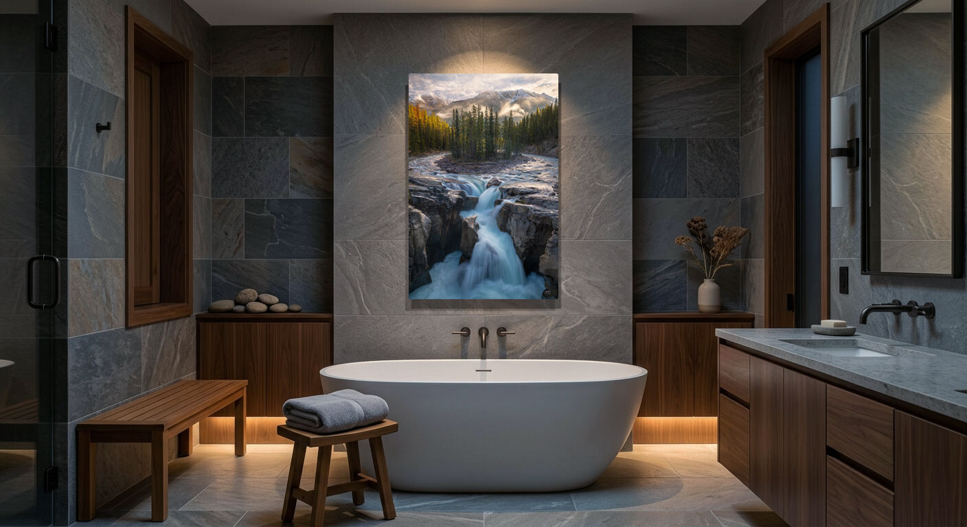 ChromaLuxe metal print of Sunwapta Falls displayed above a bathtub in a modern luxury bathroom interior mockup.