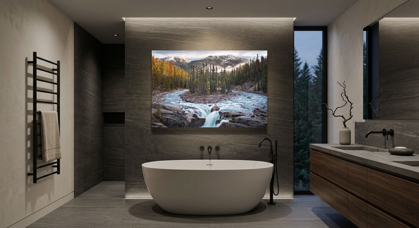 Sunwapta Falls fine art landscape photograph displayed as a metal print above a bathtub in a modern bathroom.