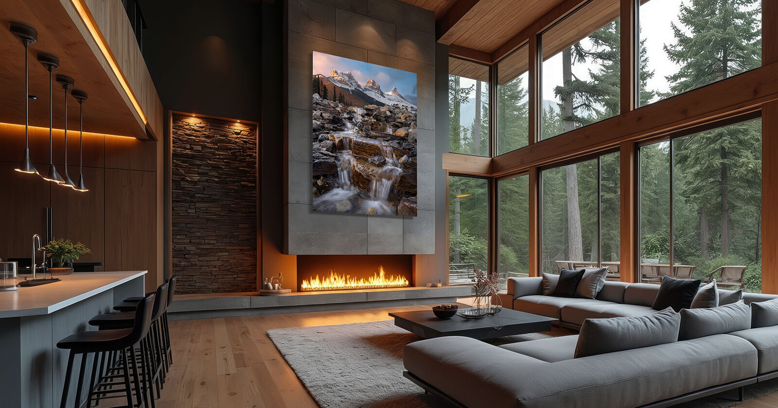 Mountain landscape print of Three Sisters displayed in a modern alpine living room with glass walls and stone textures.