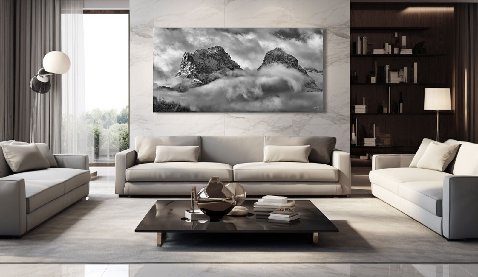Three Sisters mountain black and white oversized print in contemporary living room.
