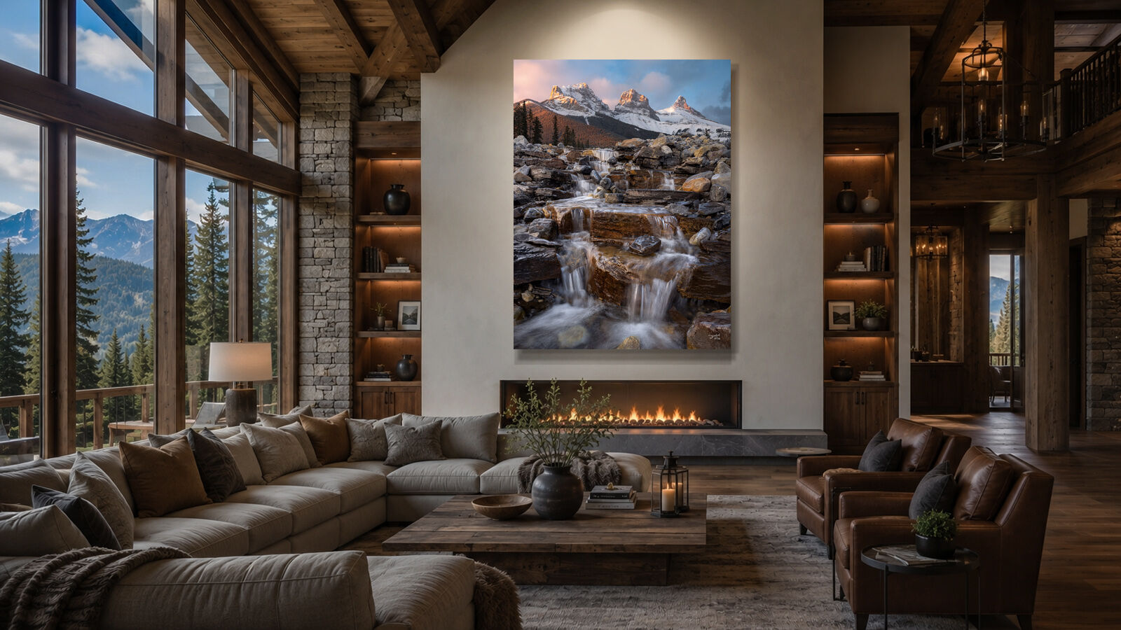 Mountain waterfall large photograph over fireplace in upscale timber home.