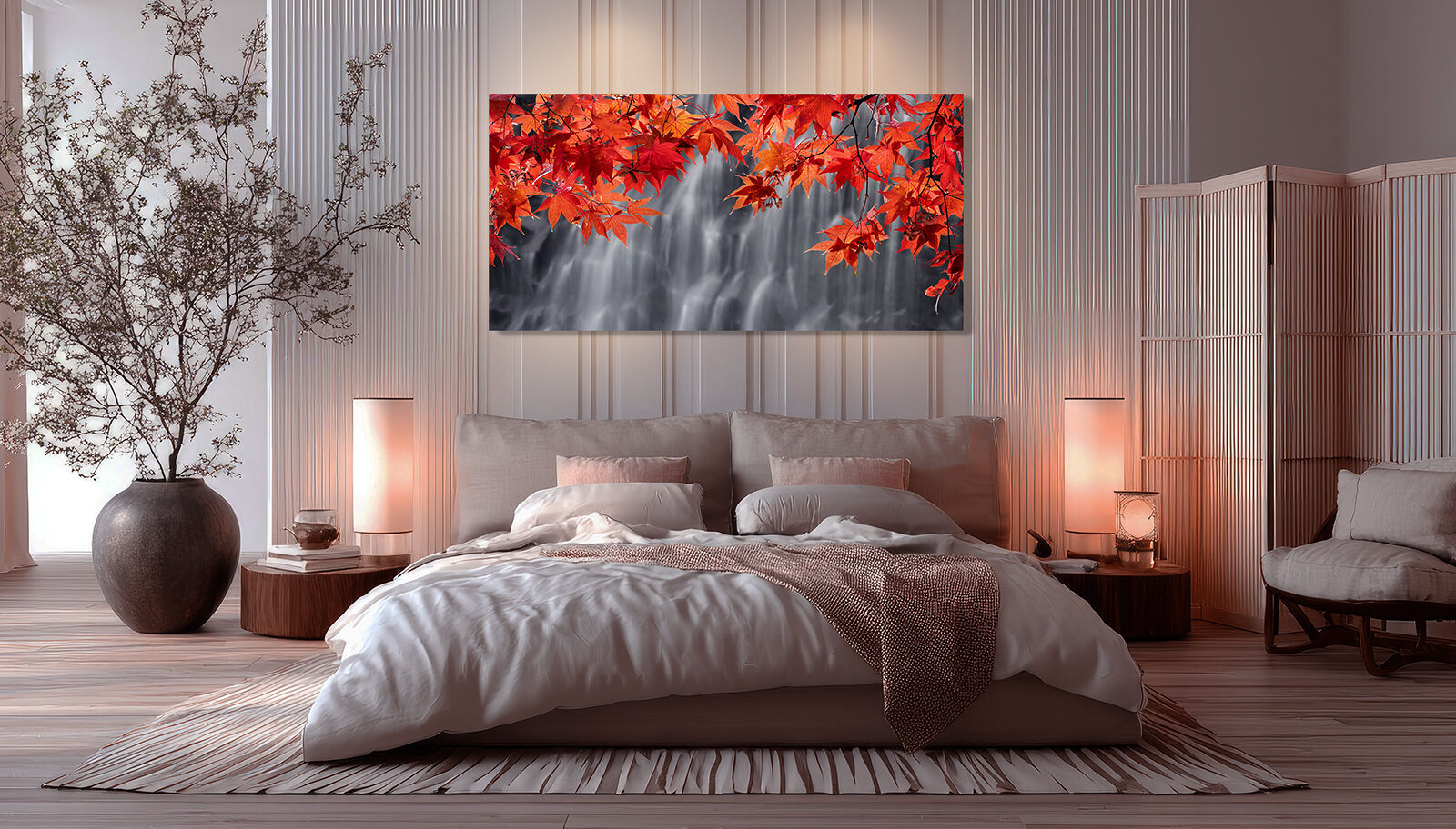Red maple and waterfall fine art print displayed in a spa-inspired bedroom with neutral tones and calming minimalist design.