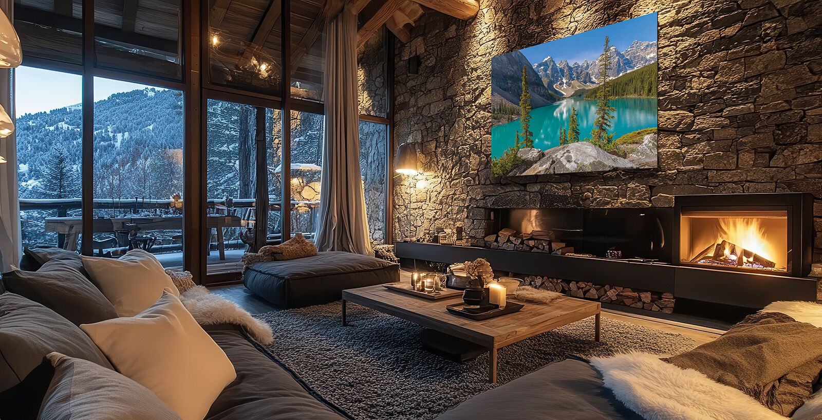 Large fine art print of Moraine Lake displayed in a luxury mountain chalet living room with floor-to-ceiling windows and natural alpine light.