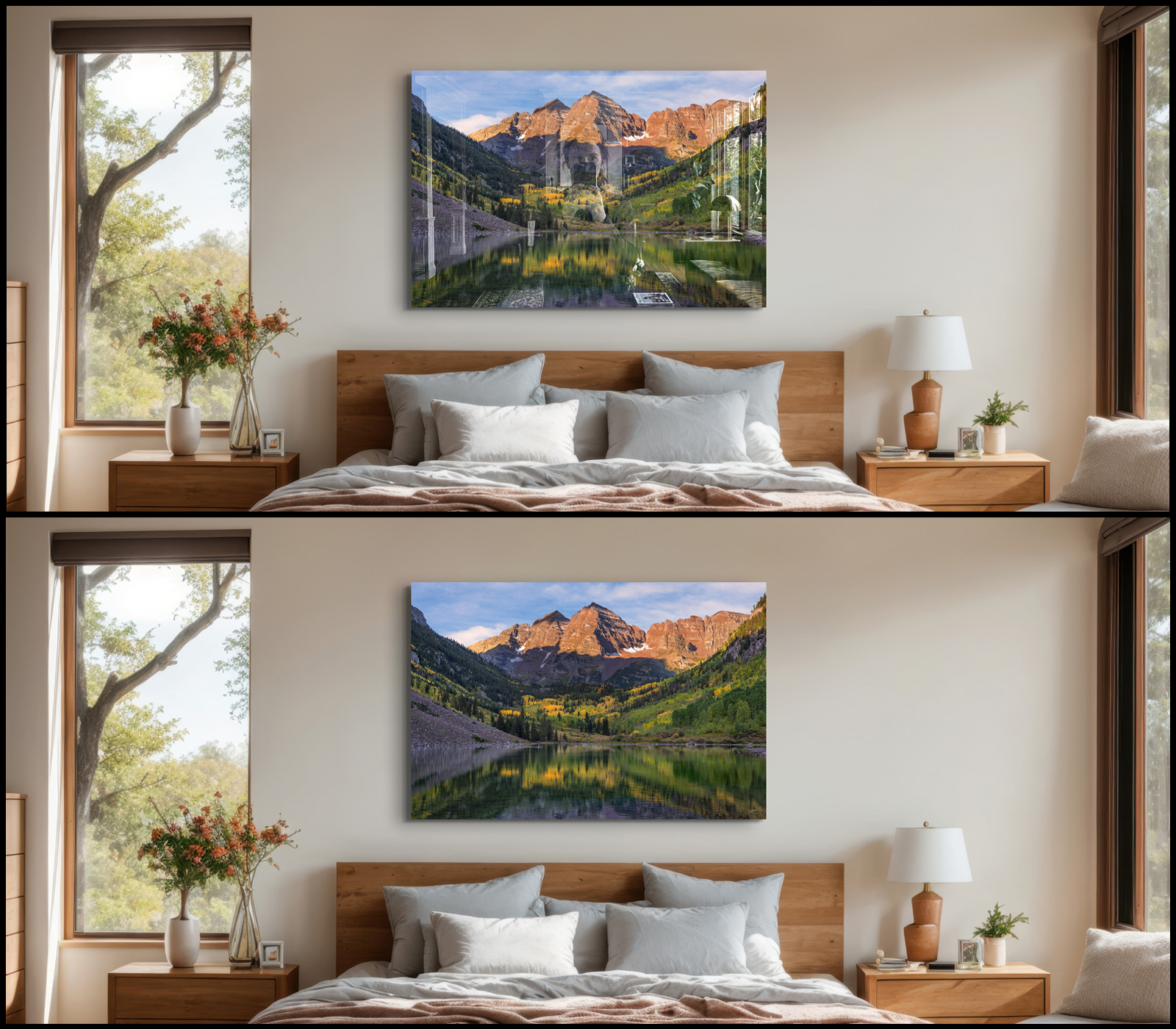 Identical bedroom scenes comparing reflections on standard glossy acrylic and TruLife anti-reflective acrylic.