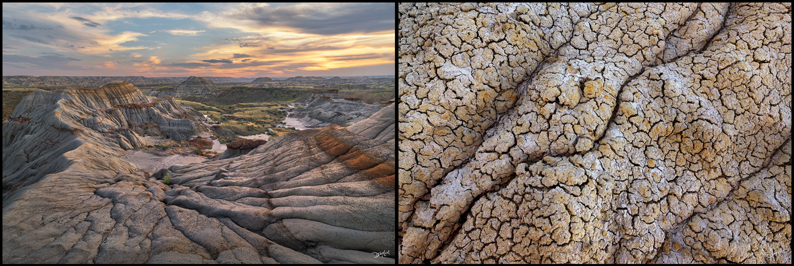Two scenes of badlands formations from Dinosaur Provincial Park, Alberta.