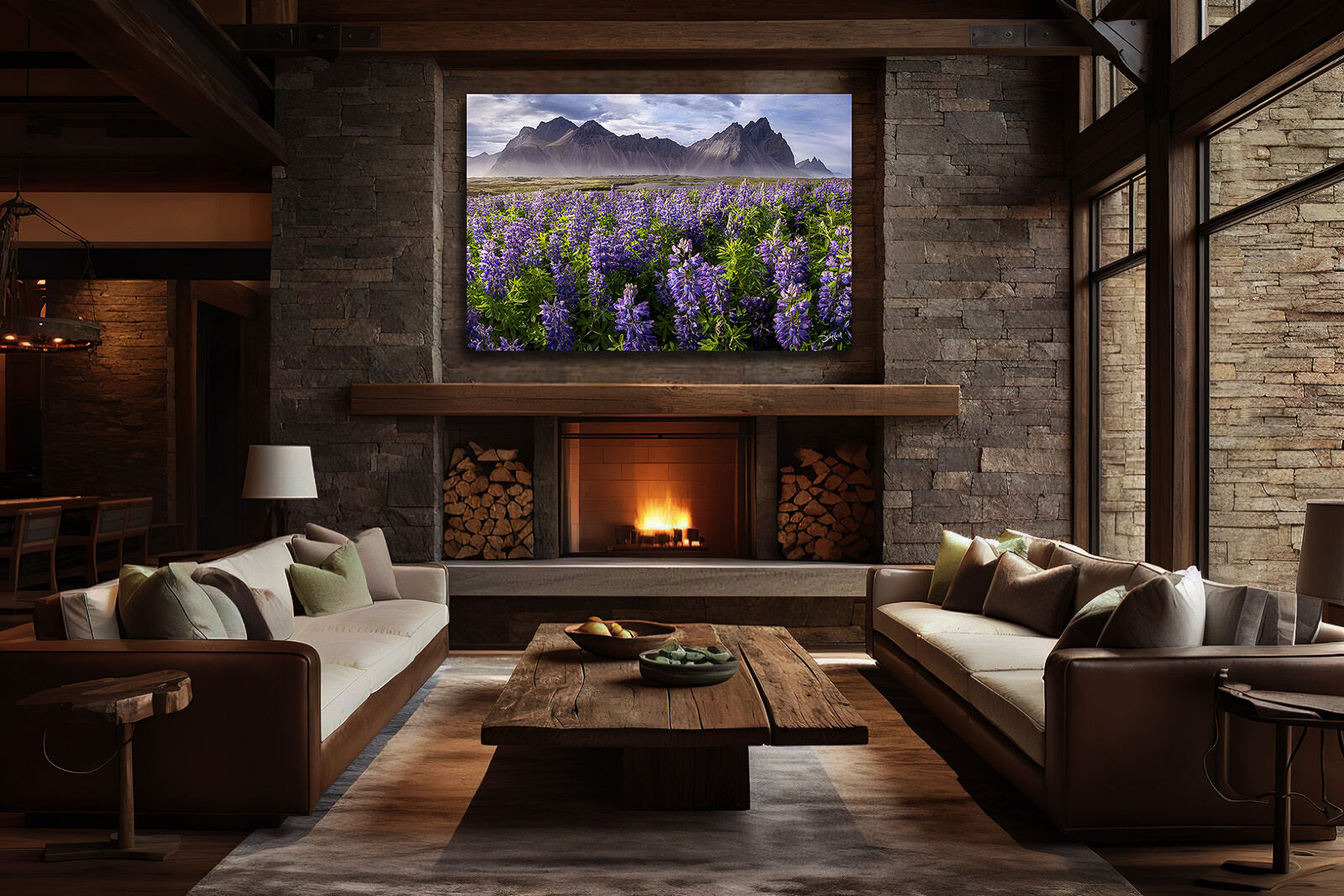 Fine art print of Vestrahorn Mountain and purple lupine flowers over fireplace in chalet mountain home.