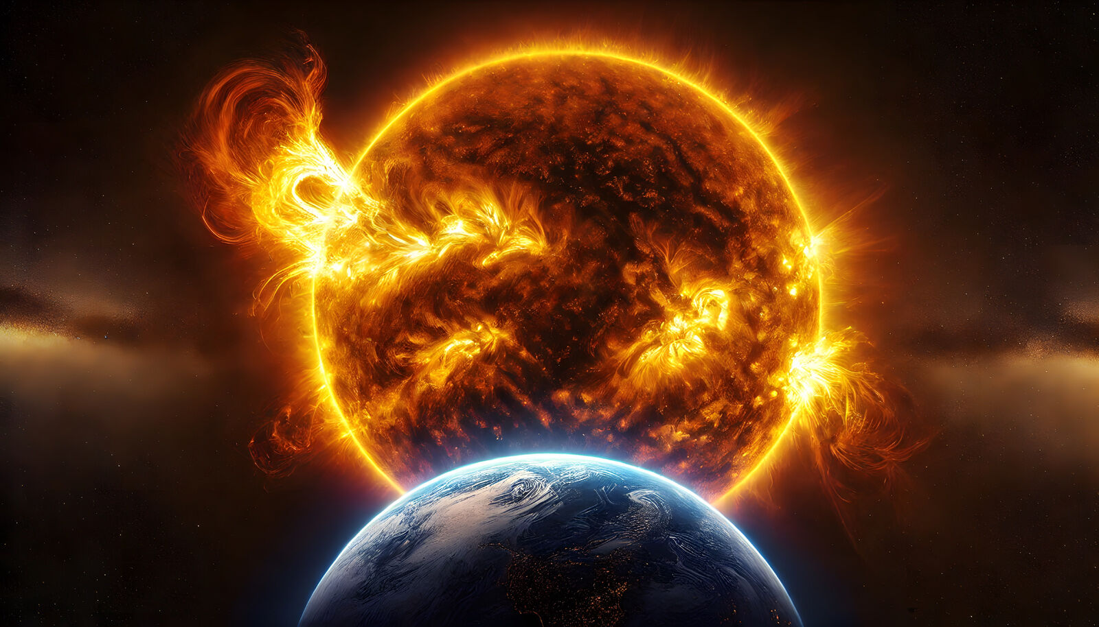 View from space with Earth in the foreground, and the fiery sun in the background, surrounded by stars and the blackness of space.
