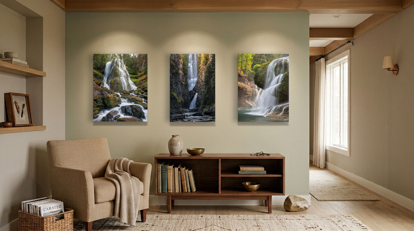 Reading room with a gallery wall featuring three small waterfall metal prints arranged above a chair.