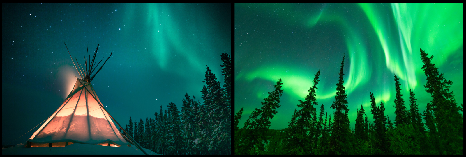 Two images taken near Yellowknife, Canada in the winter under the aurora.